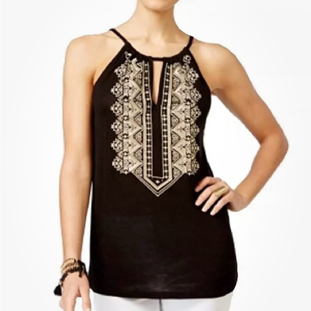 INC Petite Black Embroidered Women's Halter Top PS